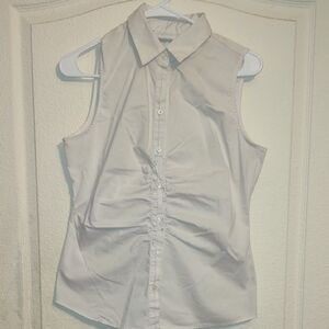 New York & Company White Ruched Button Down Top